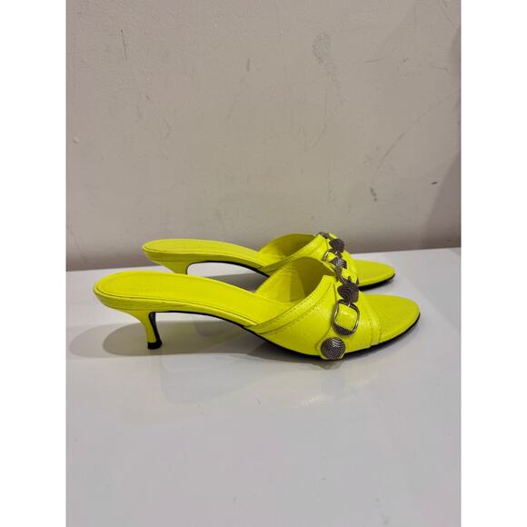 Balenciaga Cagole Studded Buckle Leather Slip On Mules Neon Yellow Women EU 37.5 - Picture 4 of 7